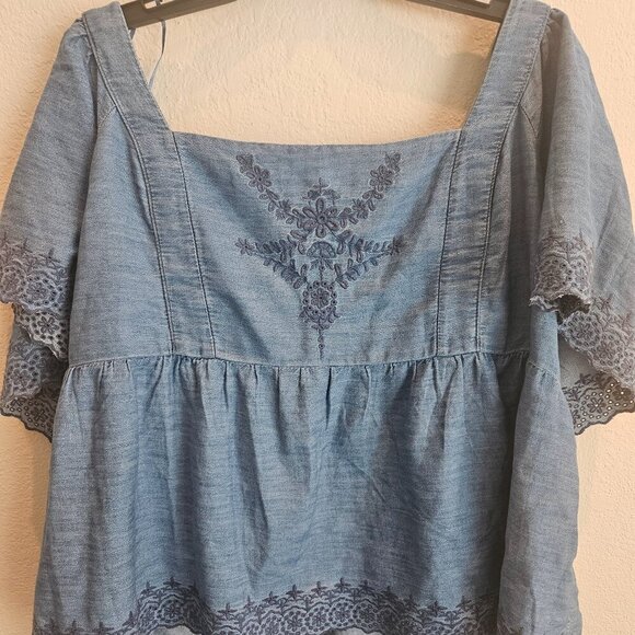 Old Navy boho Western baby doll blue shirt embroidery Smocked Puff Sleeve XXL - Picture 6 of 8